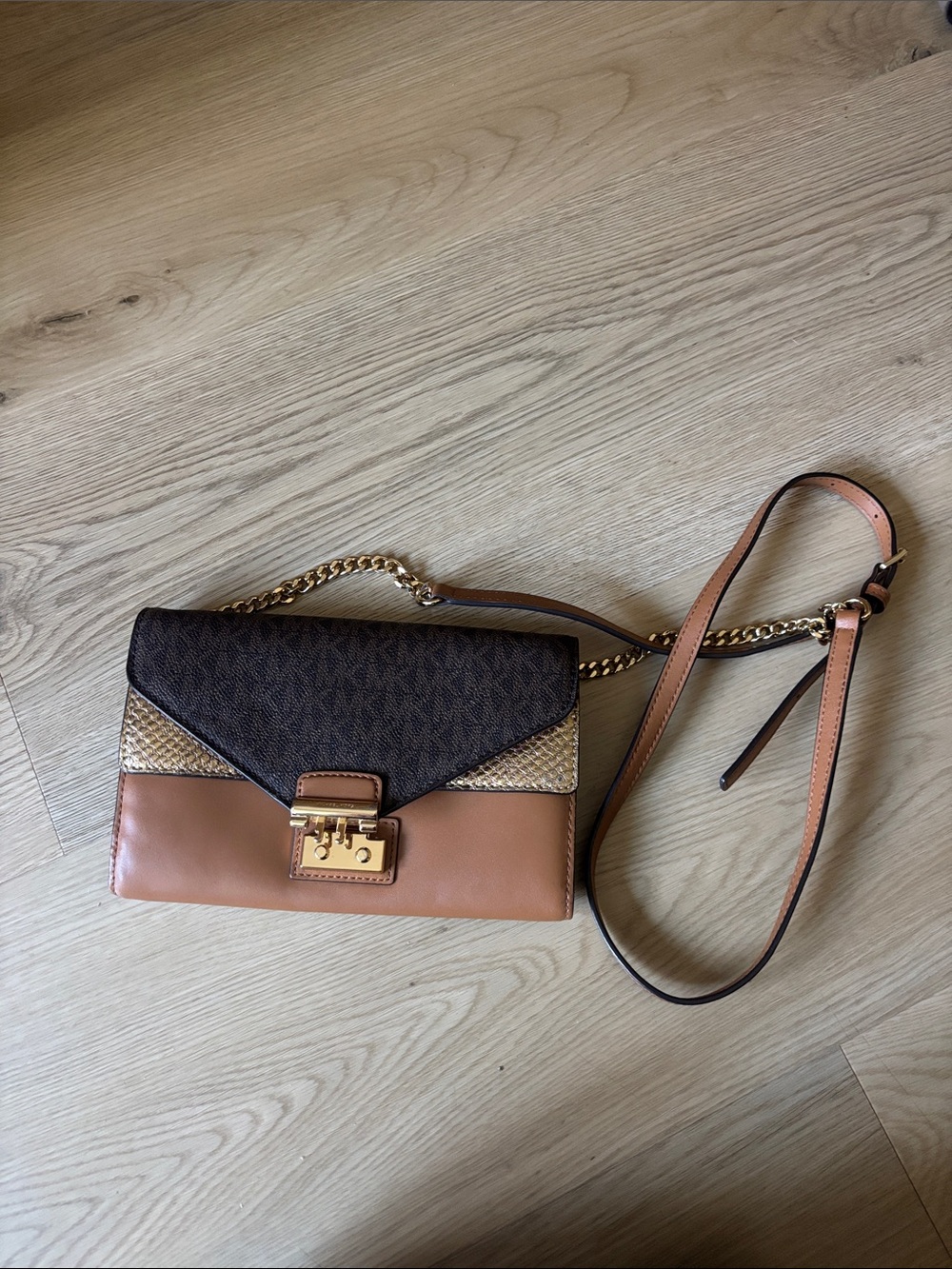 Michael Kors Brown & Tan Leather Chain-Strap Crossbody